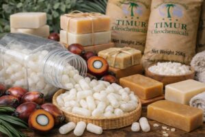 Soap Noodles Supplier Malaysia – Snow White soap noodles with palm oil fruits, handmade bar soaps, and Timur Oleochemicals branded bags