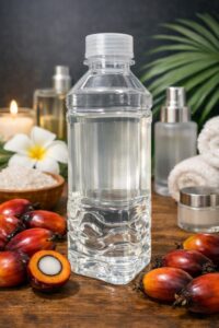 Oleic Acid Supplier Malaysia – palm oil origin, refined oleic acid in steel drum packaging with palm fruits, and cosmetic applications.