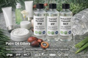 Timur Oleochemicals Malaysia supplies Isopropyl Myristate (IPM), Isopropyl Palmitate (IPP), and Medium Chain Triglyceride (MCT) – palm‑oil‑based cosmetic esters shown with labeled bottles, HS Codes 2915.90.00 and 3824.99.99, and HALAL, KOSHER, ISO, GMP certifications.