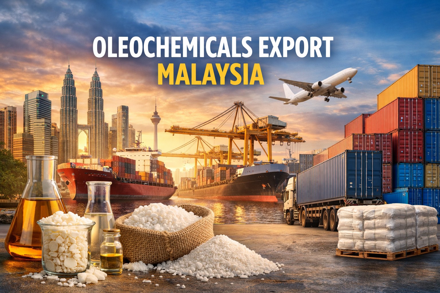 Palm Oil Based Oleochemicals Supplier & Exporter Malaysia – Oleochemicals Export Malaysia with port, cargo ship, airplane, and Kuala Lumpur skyline