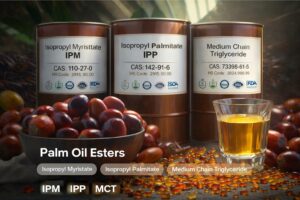 Palm oil esters showcase featuring Isopropyl Myristate (IPM), Isopropyl Palmitate (IPP), and Medium Chain Triglyceride (MCT) in labeled drums with palm fruits and golden oil, produced by Timur Oleochemicals Malaysia under HALAL, KOSHER, ISO, FDA, FSSC, HACCP & GMP certifications.