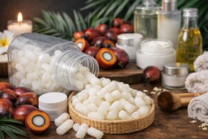Soap Noodles Supplier Malaysia – Snow White soap noodles shaped like pellets spilling from a clear bottle, surrounded by palm oil fruits and cosmetic spa products by Timur Oleochemicals